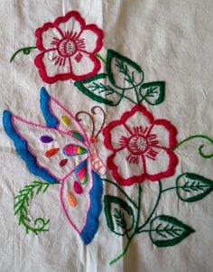 an embroidered piece of cloth with flowers on it