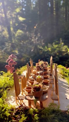 a long table is set up in the middle of a forest with chairs and potted plants