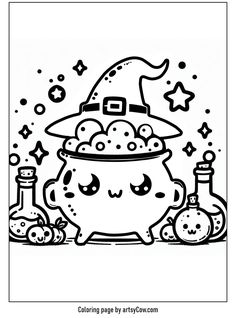 a pot full of witches with bottles and stars in the background, coloring page by krispy kreme