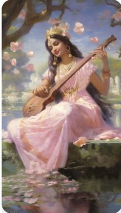 a painting of a woman playing the guitar