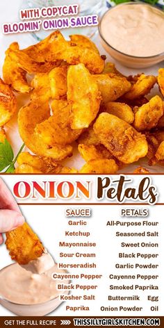 an advertisement for onion petals with dipping sauce on it and other foods in the background