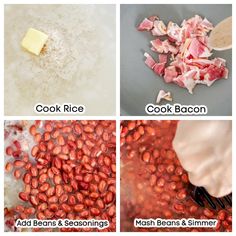 four pictures showing how to cook beans and bacon