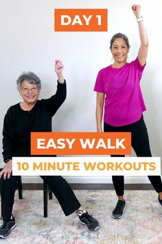 two women sitting on a bench with the words easy walk 10 minute workouts in front of them