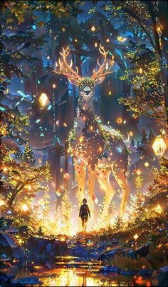 a man standing in front of a deer surrounded by trees and fireflies at night