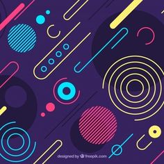 an abstract background with circles and lines in purple, blue, yellow and pink colors