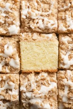 several squares of cake with white frosting on top