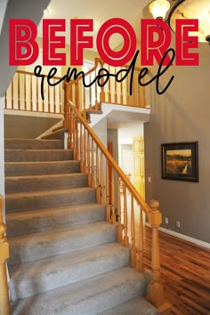 stairs with the words before remodel overlayed in front of an entry way