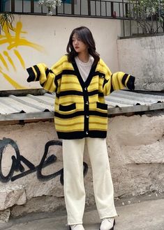 Cute and comfy V-neck Knitted type Loose fit Cheap Yellow Crew Neck Sets, Cheap Multicolor Tops For College, Yellow Aesthetic Outfit Korean, Affordable Preppy Cotton Outerwear, Cute Fall Clothes Shop Priceless, Yellow Tomboy Outfits, Yellow And Black Clothes, Yellow Aesthetic Fashion, Yellow Aesthetic Outfits