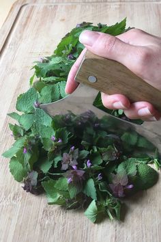 a person cutting up some green leaves with a knife on a wooden table next to purple flowers