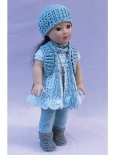 a doll is wearing a blue knitted outfit and hat with matching leggings