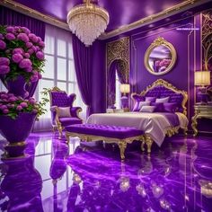 a bedroom with purple walls and furniture in the center, along with a chandelier hanging from the ceiling