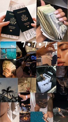 a collage of photos with different people holding their passport and money in front of them