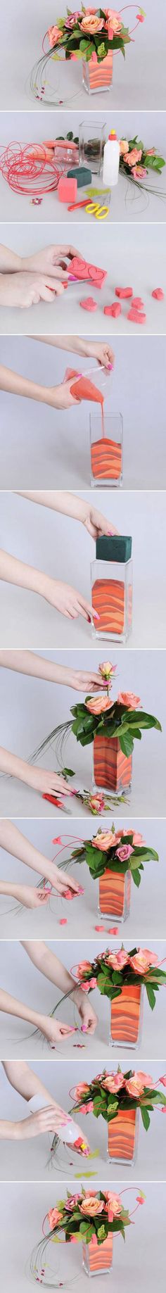 multiple images of flowers in vases with long stems sticking out of the top and bottom