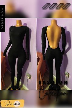 Sexy Solid Elastic Long Sleeve Back Hollow Out Bodycon Jumpsuit Casual Long-sleeved Jumpsuits And Rompers For Club, Tight Long Sleeve Unitard, Fitted Full-length Bodysuit With Thumbholes, Pink High-stretch Long-sleeve Unitard, Black High Stretch Backless Jumpsuit/romper, Bodycon Jumpsuit, Elastic, Jumpsuit, Long Sleeve