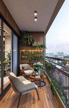 a balcony with chairs and plants on it