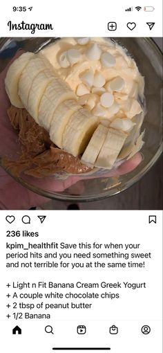 an instagram page with a banana and chocolate dessert in the bottom right hand corner