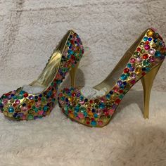 These Are A Show Stopping Pair Of Heels That Are Brand New! You Will For Sure Be The Center Of Attention In These Babies They Are Sewed On And Not Glued! Which Is Awesome! Heel: 4.5 Inches Embellished Heels With Round Toe For Party Season, Embellished Closed Toe Heels For Party Season, Multicolor Embellished Open Toe Heels, Gold Embellished Heels For Party, Party Heels With Bling And Closed Toe, Crystal Heels With Round Toe For Party, Embellished Round Toe Heels For Party, Crystal Heels With Bling And Round Toe, Crystal Bling Heels With Round Toe