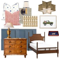 a collage of furniture and decor items including a bed, dresser, lamp, wall hangings