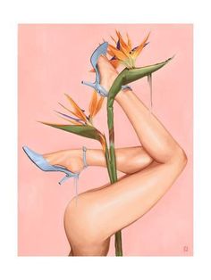 a painting of a woman's legs with high heels and bird of paradise flowers