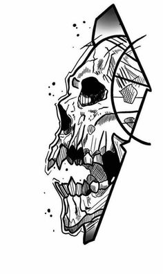 a black and white drawing of a skull with geometric shapes on it's face