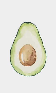 an avocado cut in half on a white background with watercolor paint effect