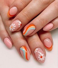 70s Inspo Nails, Simple Nails Orange, Lavender Flower Nails, 70s Nail Designs, 1980s Nails, Nail Designs Flower, Teacher Nails, Preppy Nails, Cruise Nails