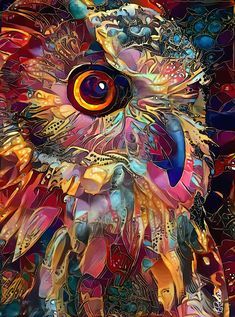 an owl is depicted in this colorful painting