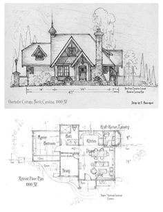 two drawings of the front and back of a house, each with different architectural details