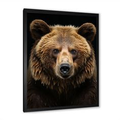 a brown bear looking at the camera in front of a black background canvas wall art print