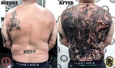 two men with tattoos on their back, one showing the same tattoo before and after