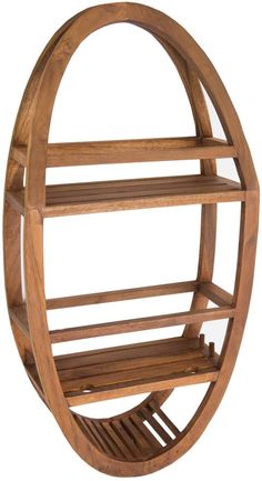 a wooden shelf with two shelves on each side and an oval shaped shelf at the top