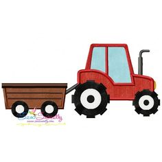 a red tractor with wheels and a trailer on the front is shown in this applique design