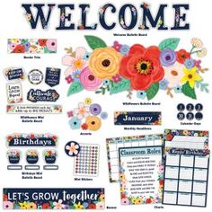 a poster with flowers on it and the words welcome written in large letters, surrounded by other items