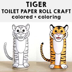 three paper animals that are standing up on a wooden table with the words tiger, toilet paper roll craft colored and coloring