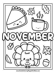 november coloring page with a turkey and cup of coffee in the center, surrounded by autumn leaves