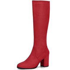 Elevate your style with these stunning knee-high boots, featuring a covered block heel that adds a touch of sophistication to any outfit. The classic rounded toe and convenient side zipper make them both stylish and practical. These versatile boots can be dressed up or down, making them perfect for any occasion. The vamp is made of faux suede and the outsole is made of rubber, while the heel is made of ABS, providing durability and comfort. With a heel height of 3 1/8 inches, a shaft height of 1 Knee-high Boots With Block Heel And Zipper Closure, Winter Knee-high Boots With Block Heel And Zipper, Winter Knee-high Boots With Zipper And Block Heel, Knee-length Boots With Zipper Closure, Red Knee-high Boots With Round Toe For Fall, Red Wide Calf Knee-high Boots For Fall, Red Knee-high Heeled Boots For Fall, Red Wide Calf Heeled Boots For Fall, Red Heeled Boots For Workwear In Fall