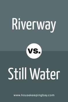 the words riverway and still water are in white letters on a gray background with an oval