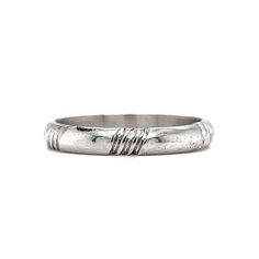 This vintage art deco wedding band is crafted from platinum, ensuring it will last a lifetime. The Mid-Century era style adds a touch of nostalgia, while the intricate engravings add an extra layer of elegance and sophistication. The ring is perfect for those who appreciate the finer details and want to make a statement with their jewelry. This Wedding Band is a one-of-a-kind piece, perfect for those who want a timeless and classic look. Heirloom Engraved Stackable Ring For Formal Occasions, Classic White Gold Engraved Ring For Ceremonial Occasions, Classic White Gold Engraved Ceremonial Ring, Classic White Gold Ceremonial Engraved Ring, Classic Ceremonial White Gold Engraved Ring, Timeless Wedding Ring With Decorative Band, Classic Silver Engraved Ring For Ceremonial Occasions, Classic Ceremonial Engraved Ring With Round Band, Heirloom Engraved Marriage Bands