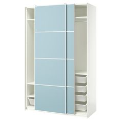 a white and blue closet with drawers on the left side, and shelves on the right