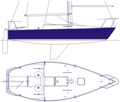 a blueprint drawing of a sailboat with the top and bottom sections drawn out