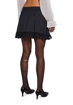 This mini skirt has a twill construction with a pinstripe design, ruffled lace trim, and front button closures. Pinstripe Mini Skirt, Dolls Kill Outfits, Pinstripe Skirt, Lace Mini Skirt, Pinstriping Designs, Y2k Vibes, Y2k Fashion, Dolls Kill, Tank Dress