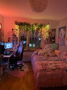 a bedroom decorated with hello kitty decorations and lights