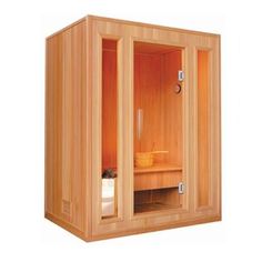 a sauna with the door open and light wood finish on the side, showing the interior