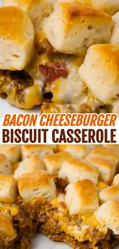 bacon cheeseburger biscuit casserole on a white plate with text overlay