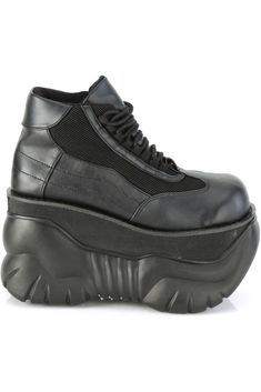 4" Platform Cyber Lace Up Sneaker Shoes - Fit Guide: True to Size - Heel Height: 4" Platform - Brand: Demonia - Unisex (Sizes are shown in Men's), Women order up 2 Sizes - Country of Origin: Imported Black Platform Boots For Streetwear, Low-top Synthetic Boots With Vibram Sole, High-top Synthetic Platform Boots For Streetwear, Streetwear Boots With Studded Rubber Outsoles, Black High-top Synthetic Platform Boots, Synthetic Low-top Boots For Streetwear, Black Low-top Leather Platform Boots, Black Low-top Platform Boots With Lug Sole, Black Leather Low-top Platform Boots