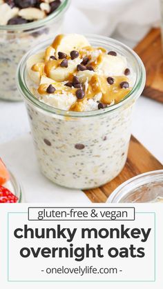 two bowls filled with overnight oatmeal and topped with chocolate chips