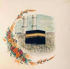 an artistic painting of the ka'bah with flowers and leaves around it in a circular frame