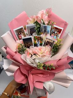 a bunch of flowers with pictures on them