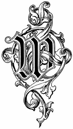 the letter m is made up of swirls and scrolls, with an ornate design