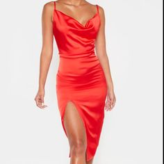 Steal All The Stares In This Dreamy Dress. Featuring A Red Satin Fabric With A Strappy Detail And Cowl Neckline, Team This With Clear Heels And Subtle Hoop Earrings For The Perfect Evening Look. Red Satin Midi Dress For Night Out, Red Satin Knee-length Mini Dress, Red Satin Midi Dress For Party, Red Satin Midi Dress For Date Night, Red V-neck Midi Dress For Party Season, Red Carpet Mini Dress For Summer, Red Satin Summer Dress, Flirty Red Knee-length Dress, Red Midi Dress For Red Carpet